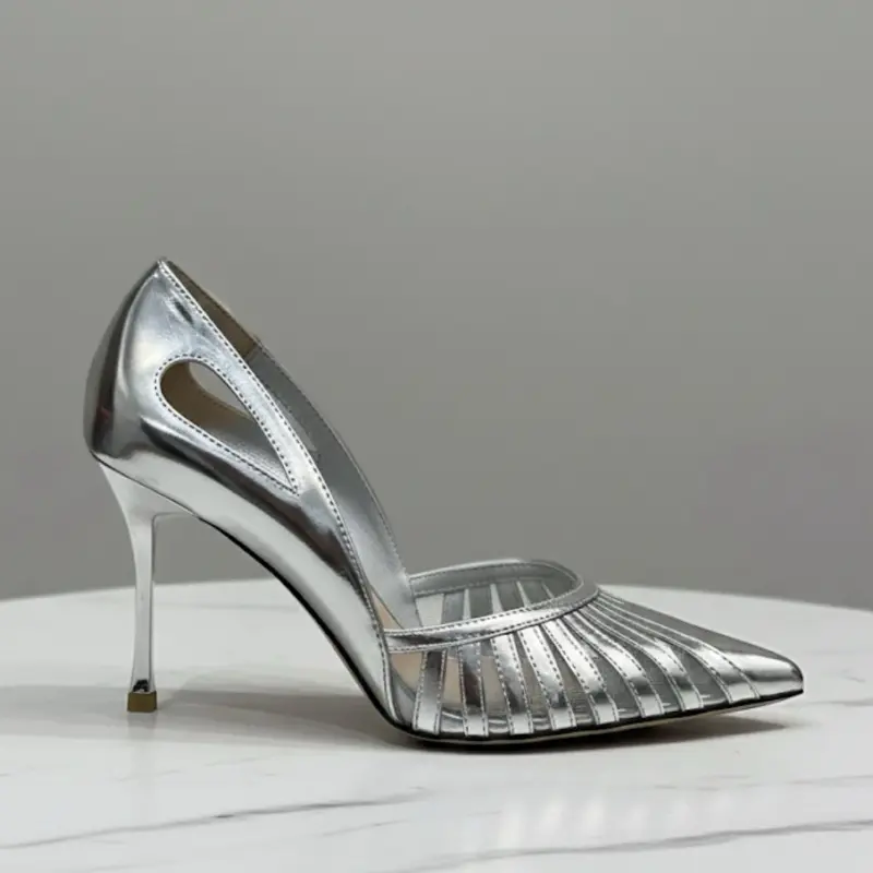 Silver Metallic Pointed Toe High Heels with Strappy Design for Elegant Occasions