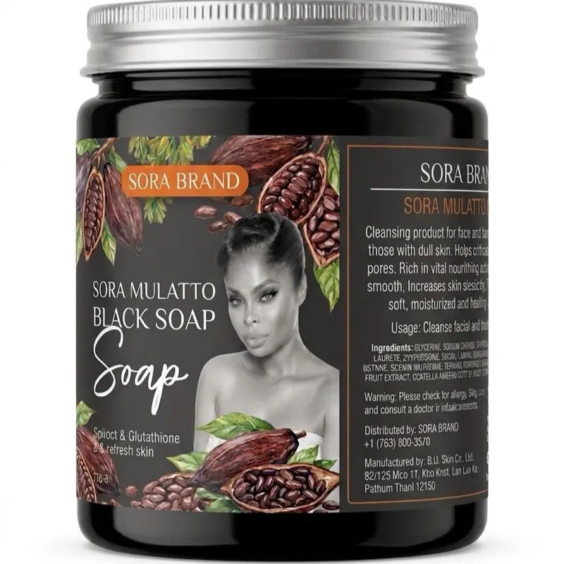 Sora Brand Mulatto Black Soap for Facial Skin Repair with Spic and Glutathione for Refreshed Skin