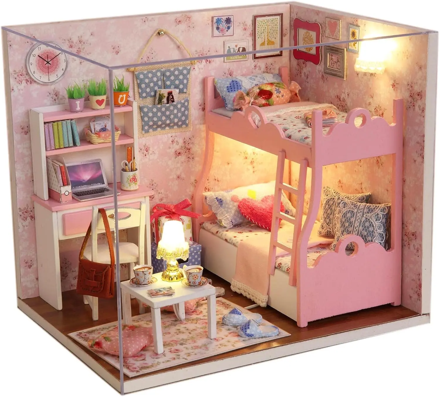Wooden Dollhouse Miniatures DIY House Kit with Cover and Led Light-Blossom Age
