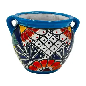Michoacano Mexican Talavera Garden Pot - Light Blue Trim