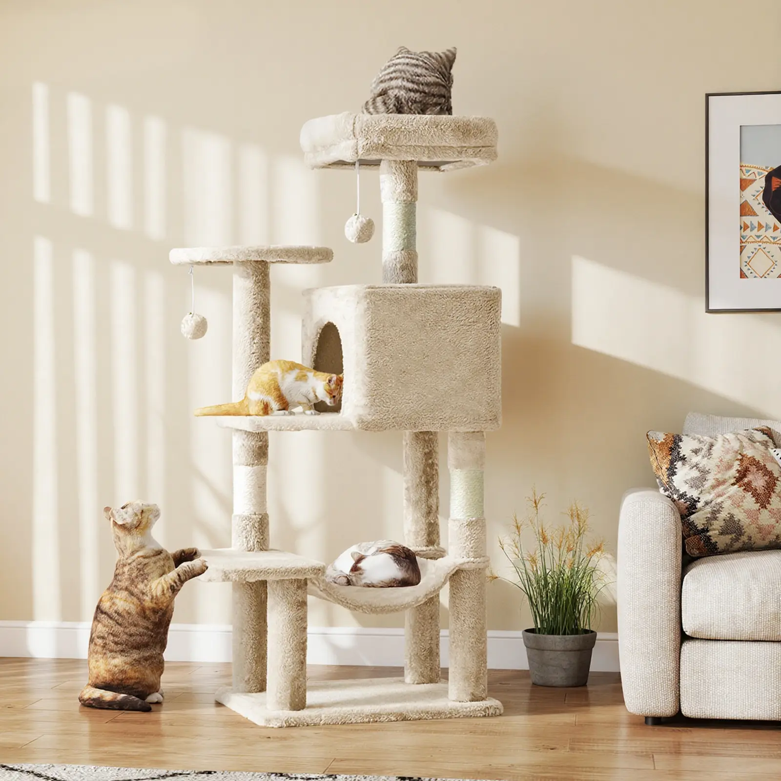 44-Inch Multi-Cat Tree Tower with Condo & Hammock - Natural Sisal Scratching Posts, Perches, Pet House for Indoor Cats, Beige/Gray/Light Gray/Pink/Black&Red