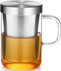 Reusable 16.9 Oz Borosilicate Glass Tea Mug, Kitchenware Tea Cup with Stainless Steel Infuser and Lid