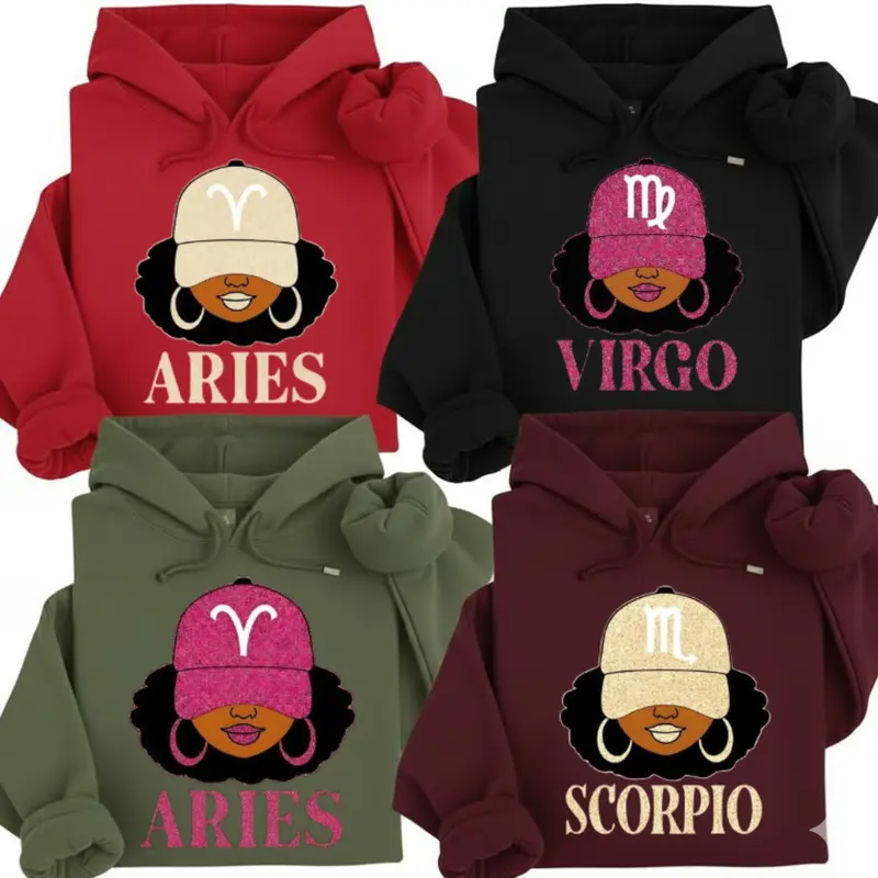[Full 12 Zodiac] Zodiac Vibes Hoodie – Afro Woman Astrology Sign Pullover with Sparkly Hat Graphic, Unisex Horoscope Crewneck Gift for Aries, Virgo & Zodiac Lovers, Trendy Aesthetic Sweater