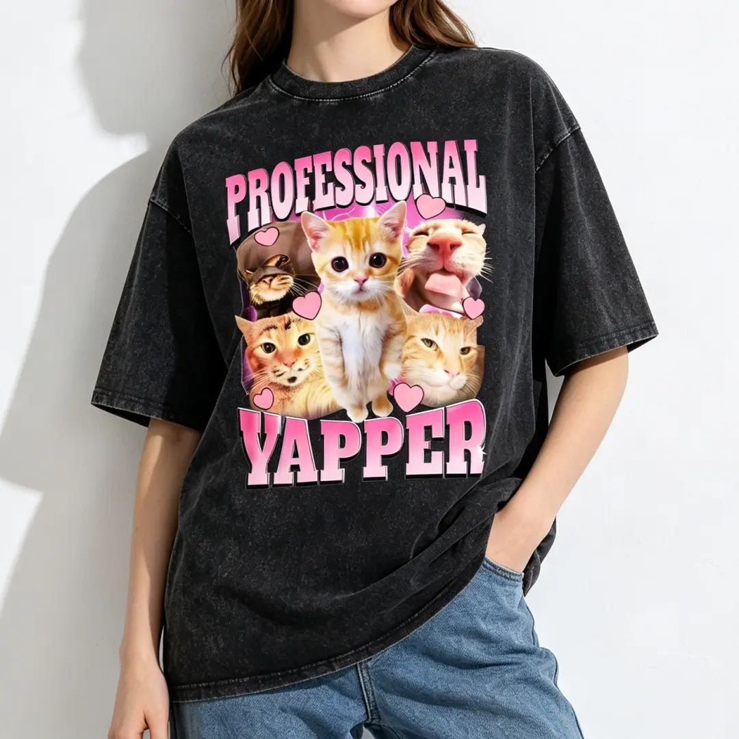 Women's Heavyweight Cotton Oversized Fit Acid Wash Graphic Tee Funny Orange Cat Collage Professional Yapper Pink Gradient Letter Heart Print Vintage Black Crew Neck Y2K Pet Soft Retro Casual Daily Top