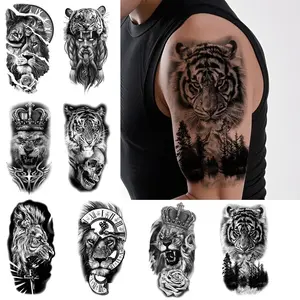 8 Temporary Tattoos for Adults with Tribal Tiger Lion Designs, Skull and Gang Patterns for Halloween Body Art, Realistic Fake Tattoos for Arm and Neck, Tattoo Stickers