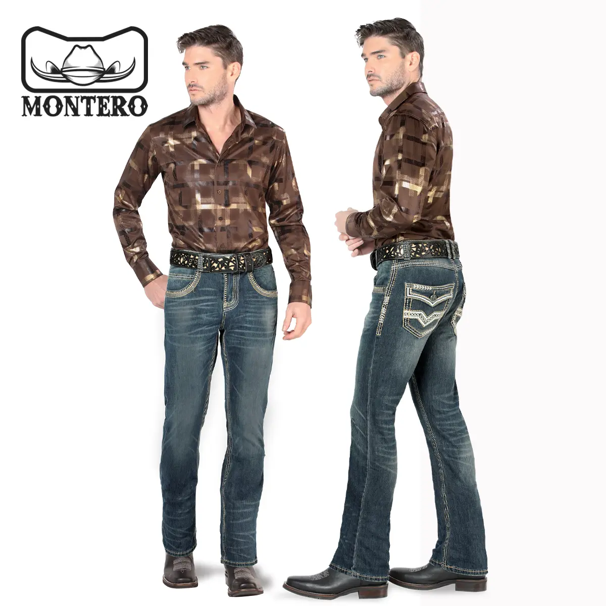 LAM1851 Medium Blue Premium Denim Embroidery Jeans with Modern Boot Cut, High Quality Cotton, All Seasons, Button Closure, Western Style Classic Menswear