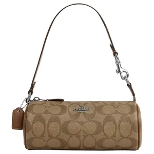 COACH Nolita 20 Small Round Crossbody Bag with Silver Logo and Classic Monogram in Khaki and Saddle Brown