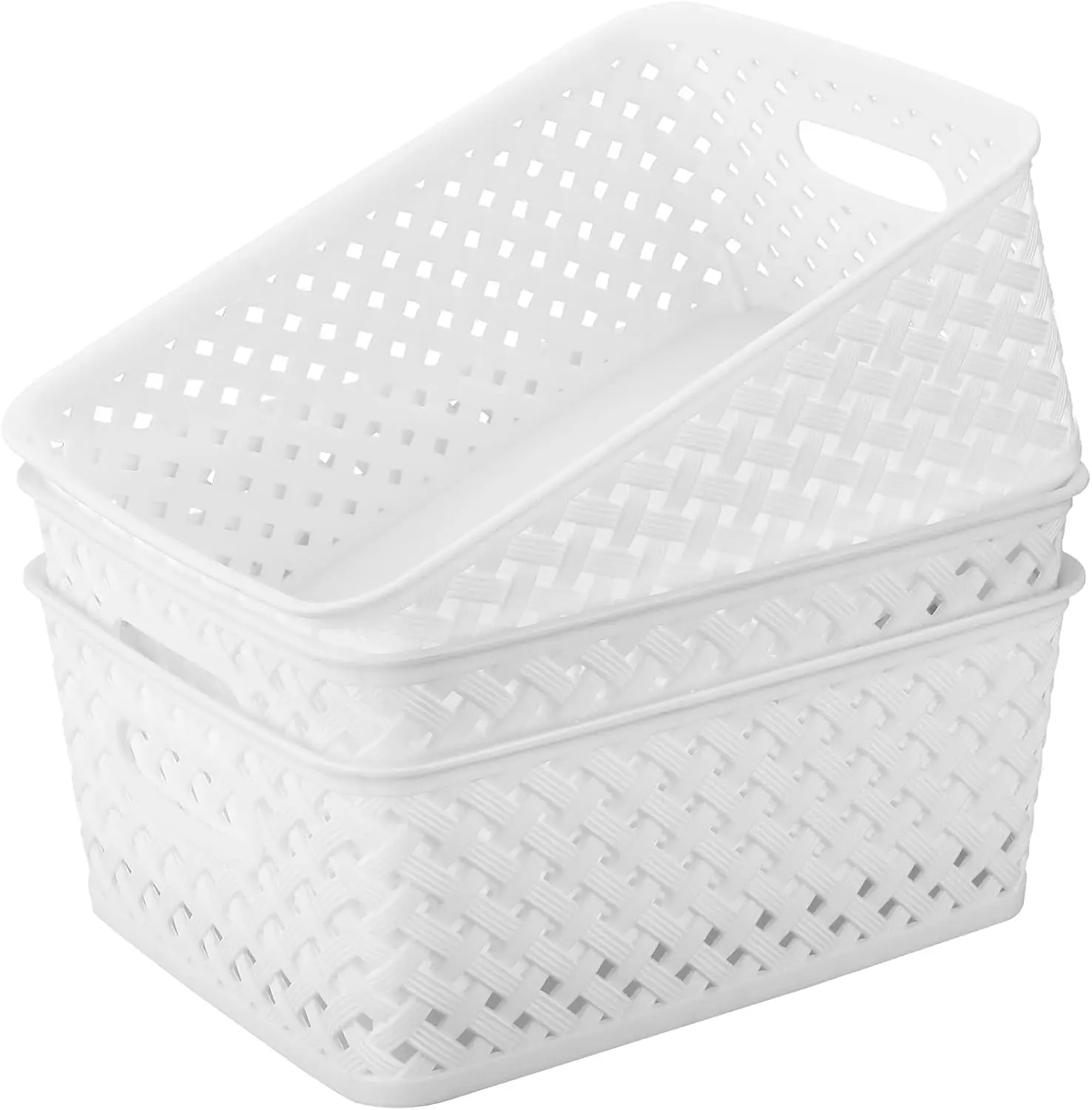 MaxGear Organization and Storage 3 Packs, Plastic Bins Organizer Bins, Woven Baskets for Storage, Plastic Baskets with Handles White Basket for Organizing, Basket Organizer for Home and Office, Medium