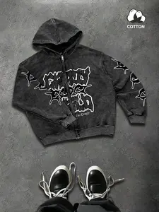 Premium Heavyweight Fitted Full Zip Hoodie, Cyber-Grunge Distressed Jacket with Red Star Graphic Print, Vintage Washed Streetwear Outerwear for Skaters and Daily Street Style.