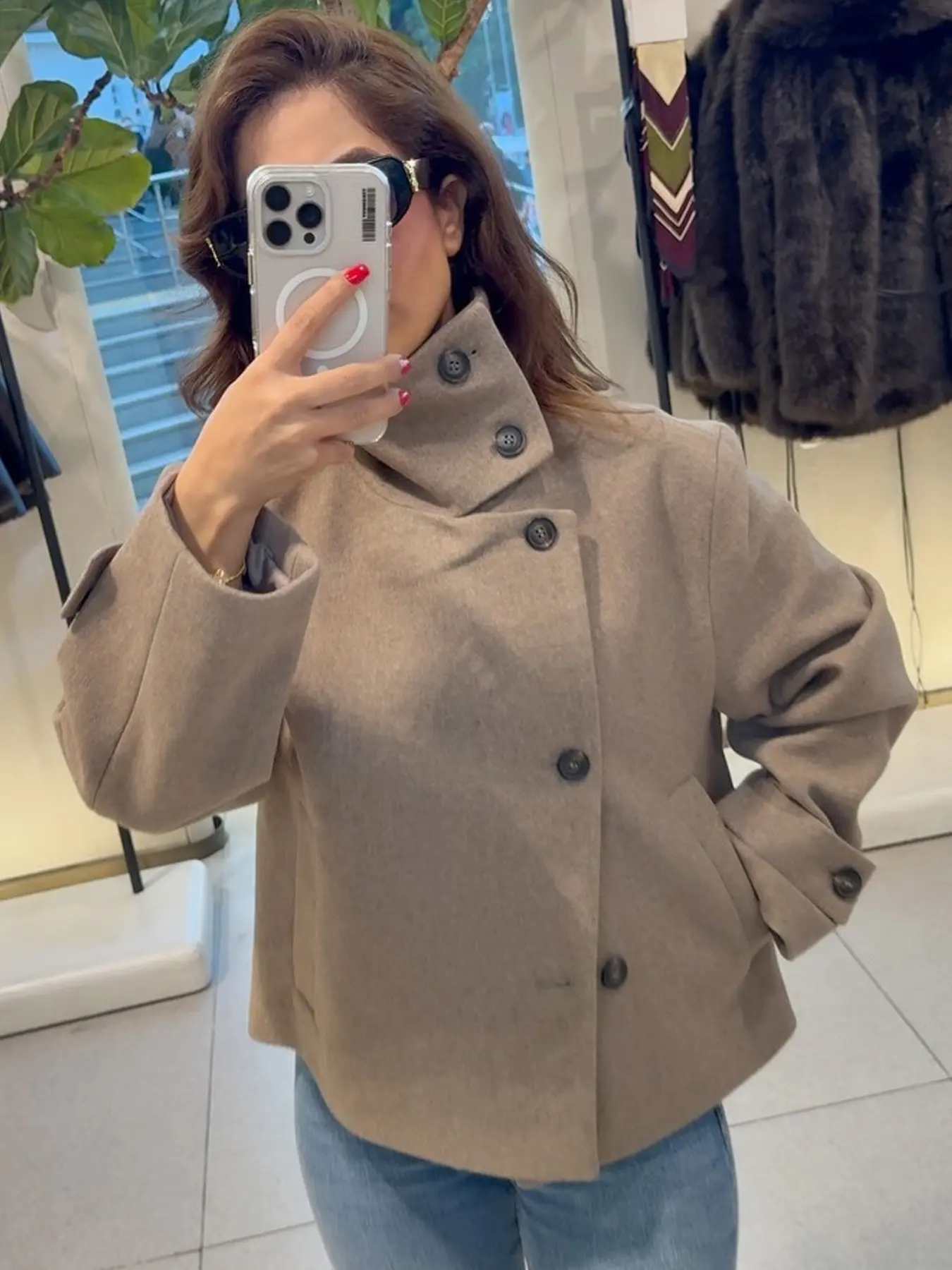 Cropped Wool Jacket Women's Fitted Jacket Oversized Brown Coat Asymmetric Button High Neck Stand Collar Long Sleeve Jacket Soft Cozy Warm Fabric Jacket Casual Office Wear Outerwears Womenswear Lady Casual Jackets