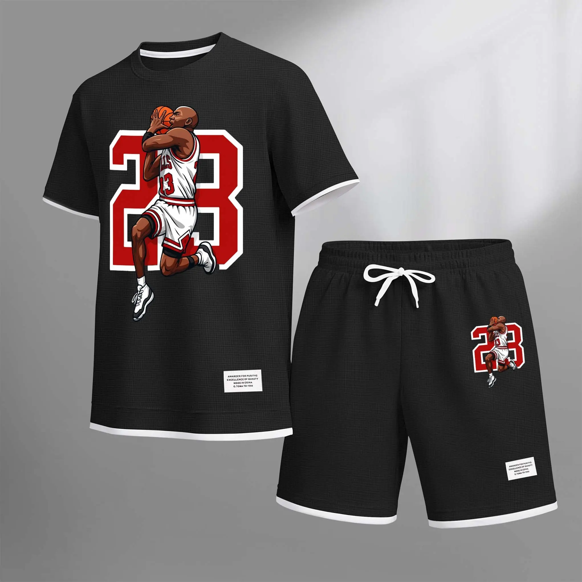 Men's 23 Basketball Print Drawstring Shorts Set For Spring/Summer. A Casual Summer Outfit, Including A Short-Sleeved Shirt And Shorts, Suitable For Everyday Wear And Sports. A Two-Piece Set For A Relaxed And Energetic Lifestyle.