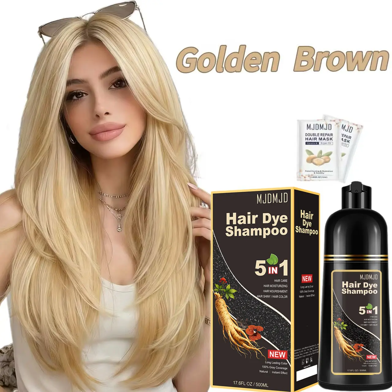 MJDMJD 5-in-1 Black Shampoo Hair Dye, Golden Brown Long Lasting Hue for Grey Coverage, Ginseng Added Sulfate-Free Kit with 2 Hair Masks, 500ml Haircare Product, Dyeing Hair
