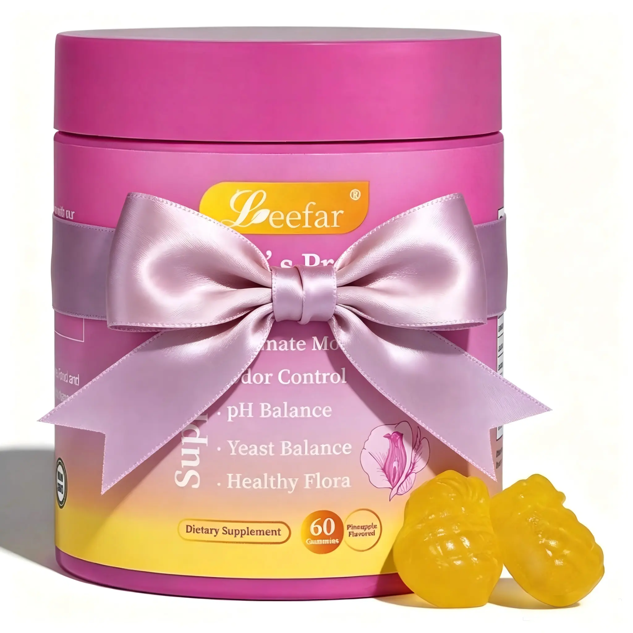 a Botte LEEFAR Her Probiotics Gummies CS All in One Solution with Slippery Elm and Prebiotics & Lactobacillus Probiotic Blend for Women's pH Balance and Dryness Hawaiian Pineapple Gummies Dietary  Supplement