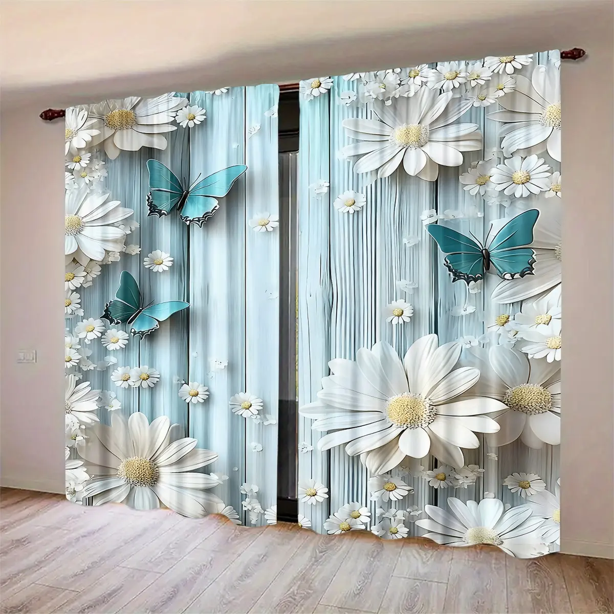 2-piece set of blue flower small fresh Zou chrysanthemum Window Curtain curtains, durable semi transparent polyester material curtains that can be washed, suitable for bedroom/living room/study, ideal curtains for home decoration