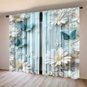 Blue Floral Curtains Set, Durable Semi-Transparent Polyester Fabric, Washable, Ideal for Bedroom/living Room/library, Home Decor, Home Decoration Curtain