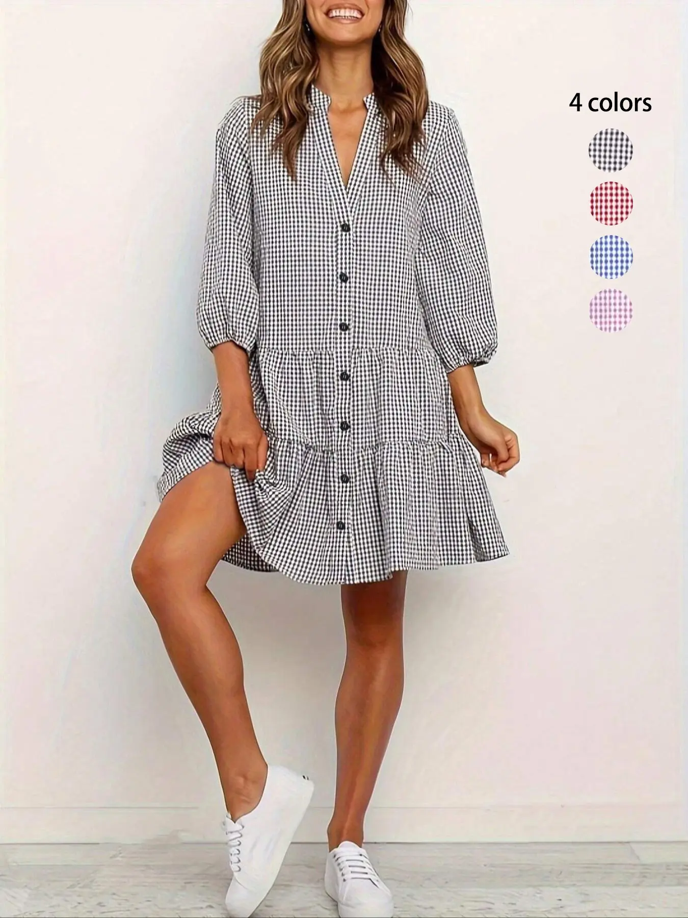 Women's Gingham Print Plaid Button Front Ruffle Hem Shirt Dress, Casual Bishop Sleeve Notched Neck Short Dress for Spring & Fall, Casual Chic Dress, Women's Clothes for Daily Wear, Casual Dresses, Blouse Dress, Casual Daily Outfit, Ballerina Ruffle Dress