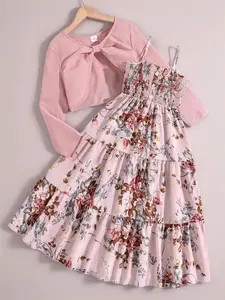 Two-Piece Set Girl's Floral Print Shirred Crop Top & A Line Ditsy Floral Dress Set, Elegant Fashion Casual Long Sleeve Top & Printed Dress for Daily Outdoor Wear, Girls Clothing for Fall & Winter