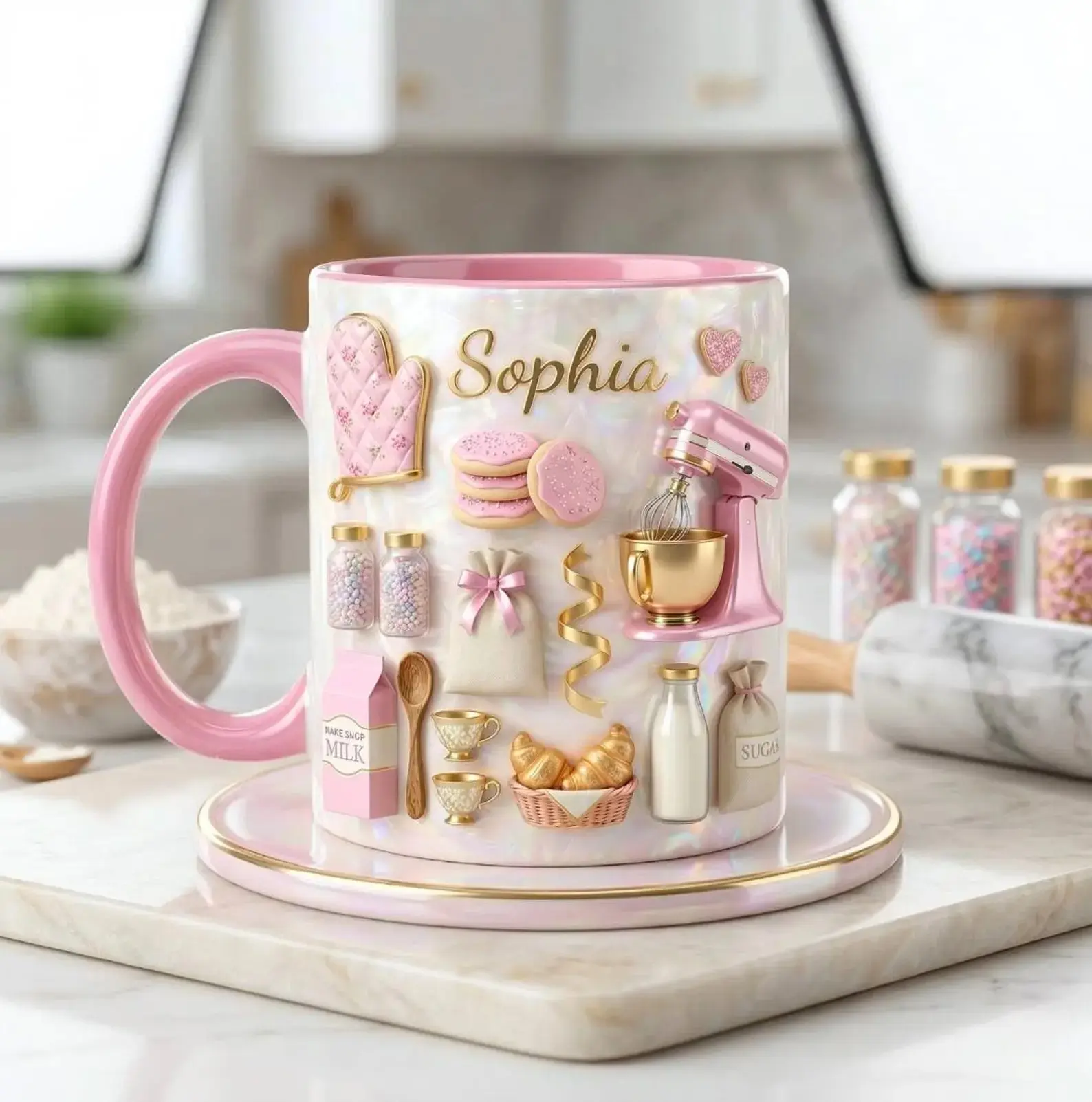 Custom Name Baking Faux 3D Accent Mug, Love Cakes Coffee Mug, Bakery 2D Print Ceramic Cup, Gift for Baker, Gift For Baking Mom