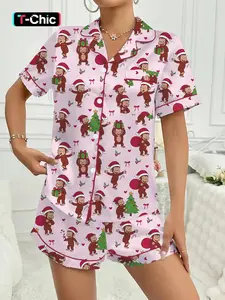 【Christmas pajamas】Cute Monkey Candy Collar Short Sleeve Pajama Set, Fitted Style, Comfortable Sleepwear, Loungewear, Christmas Gift Idea, All Seasons Wear