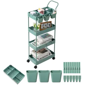 Danpinera Slim Storage Cart on Wheels, 4 Tier Narrow Laundry Cart with Hooks Hanging Cups Dividers Mobile Rolling Lash Cart with Handle for Bathroom Small Spaces, Green Organiser Racks