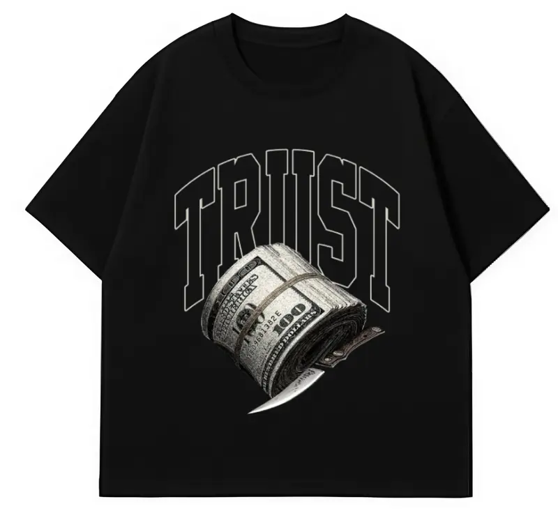Trust T-Shirt with Money & Knife Graphic | Streetwear Tee | Hustle Culture Shirt | Unisex Urban Fashion - All Seasons 100% Cotton Made in USA Soft Comfy First Rate Shirts Los Angeles New York 1989 Design