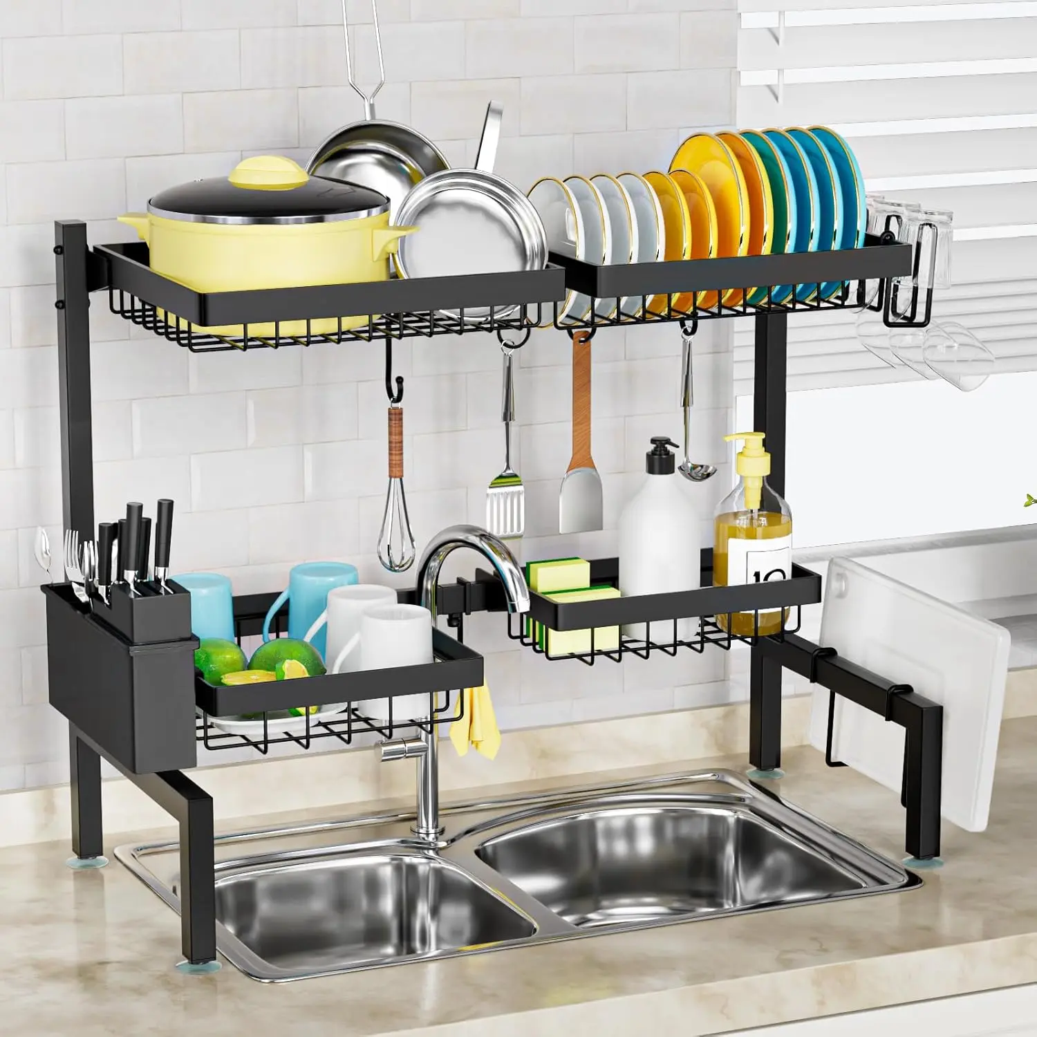 Household 2-Tier 4-Basket Over Sink Dish Drainer, Multifunctional Expandable Large Kitchen Sink Rack (24.8in-35.4in) for Dishes Space-Saving Organization