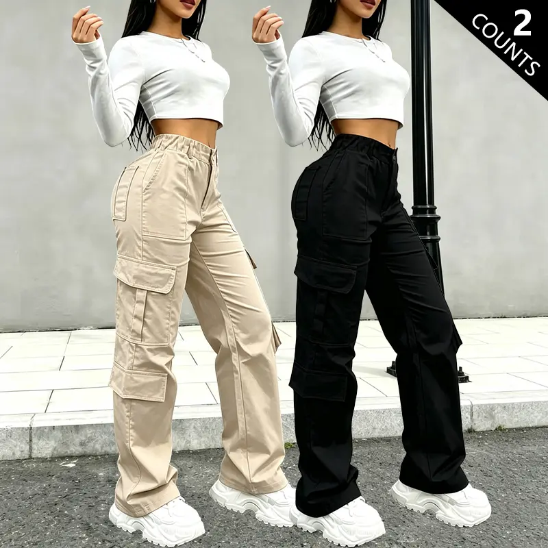Two-piece set — women’s street-chic loose casual pants; fashionable Y2K elastic-waist multi-pocket outdoor cargo pants for everyday commuting and outdoor travel.
