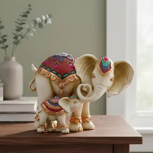 Vintage Hand-Painted Elephant Mother-And-Child Decorative Piece, Unique Resin Craftsmanship, Ideal Gift for Home & Living Room