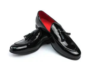 Men's Black Patent Tuxedo Slip On Loafers Dress Shoes Red Insole With Leather Tassels AZARMAN