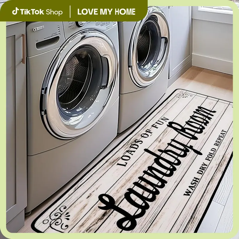 Farmhouse Laundry Room Rug Runner 16"X48" 18"X60" Non Slip Laundry Rugs for Laundry Room Decor Bordered Design Washable Runner Rugs for Kitchen Floor Laundry Room Bathroom Hallway Entryway Area Rugs-White Black