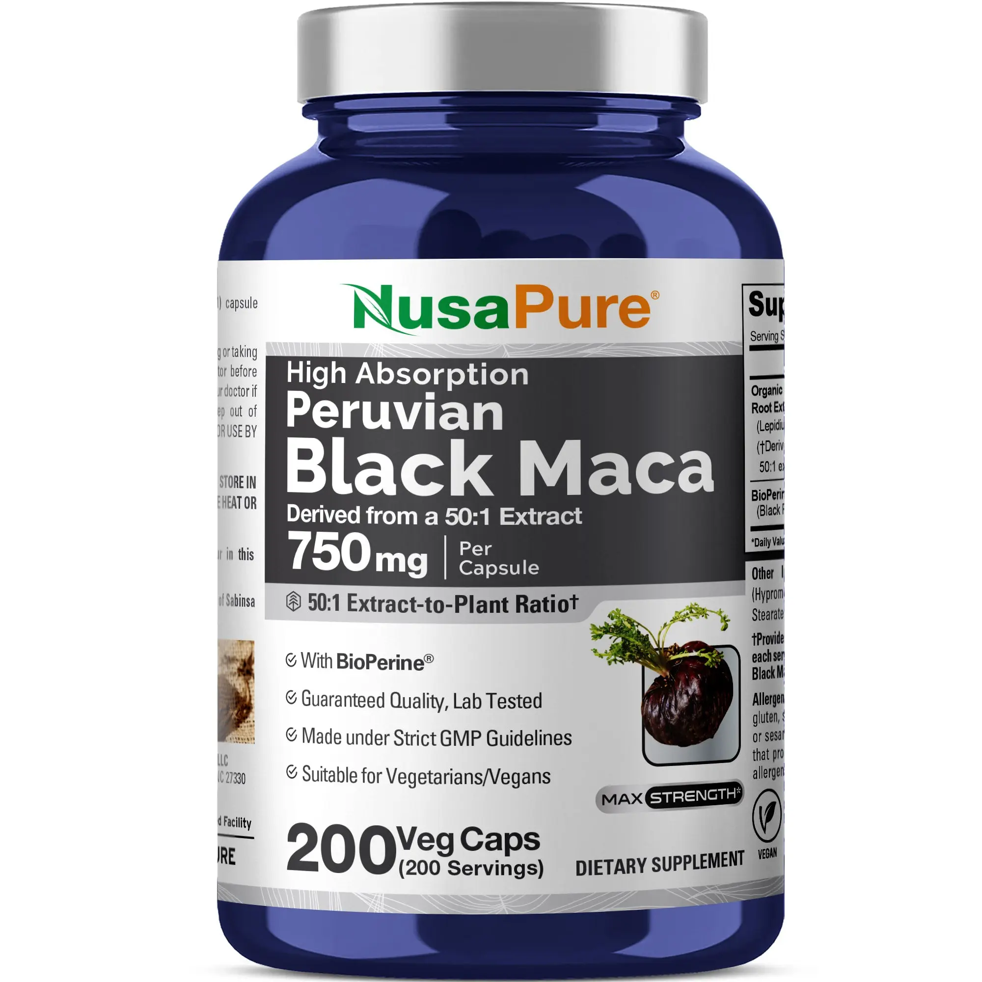 NusaPure Peruvian Black Maca Root Extract Dietary Capsules - 750mg 50:1 (37500mg Equivalent), 200 Count, GMP-Certified Natural Herbal Supplement for Fitness & Reproductive Health, Vegetarian/Vegan, Non-GMO Daily Boost, Natural Herbal Capsules, Energy Boos