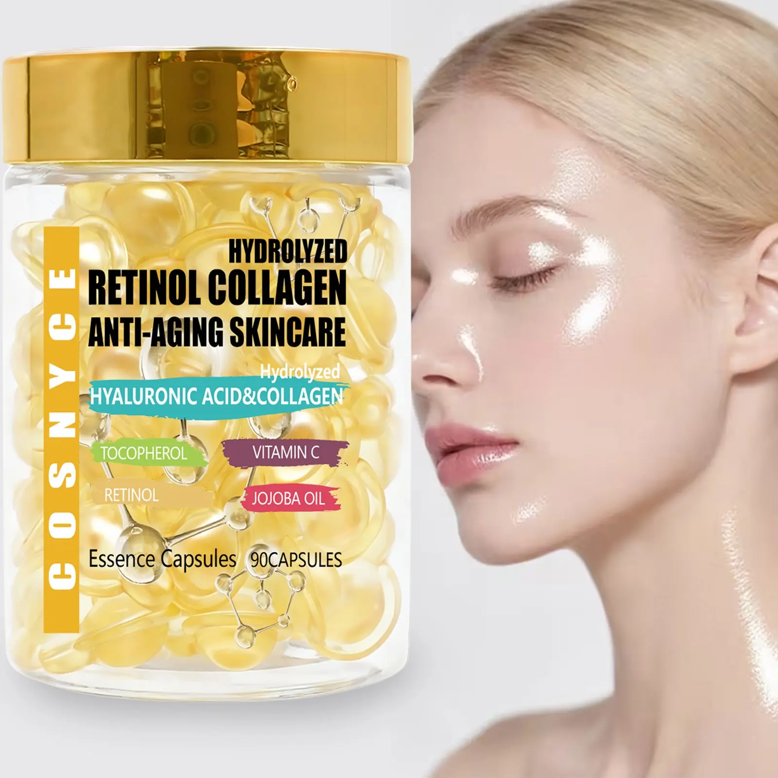 Cosnyce Hydrolyzed High Concentration Collagen Essence Capsules, Collagen Infused, Vitamin C Retinol, Collagen Peptides Advanced, Hydrating Anti-Wrinkle Moisturizer, Skincare Products, Beauty, Collagen Skin Glow, Collagen Deep Hydration