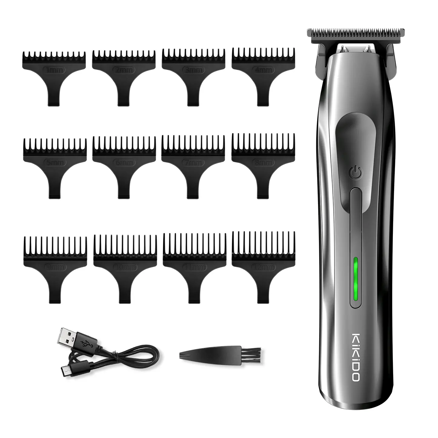 KiKiDO Men’s Hair Clipper Trimmer Kit – Cordless USB Rechargeable Professional Trimmer with LED Power Light, 12 Length Guards & Brush