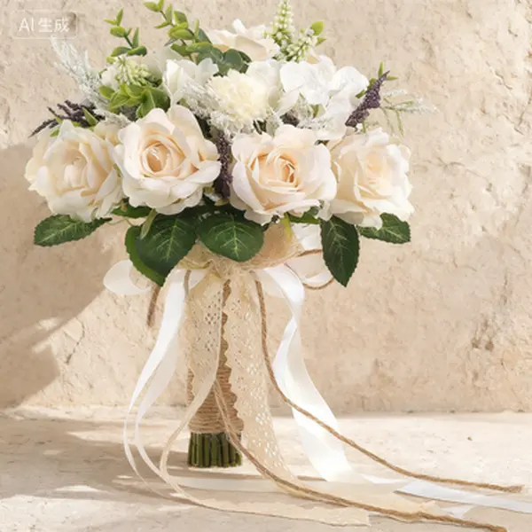 9.5-in Handmade Reusable Artificial White Champagne Rose Bridal Bouquet, 11.8-inches Tall Large Silk Floral Decoration with Eucalyptus Ornaments for Bridesmaids, Home Gifts