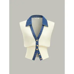 Denim Trim Metal Button Knit Vest