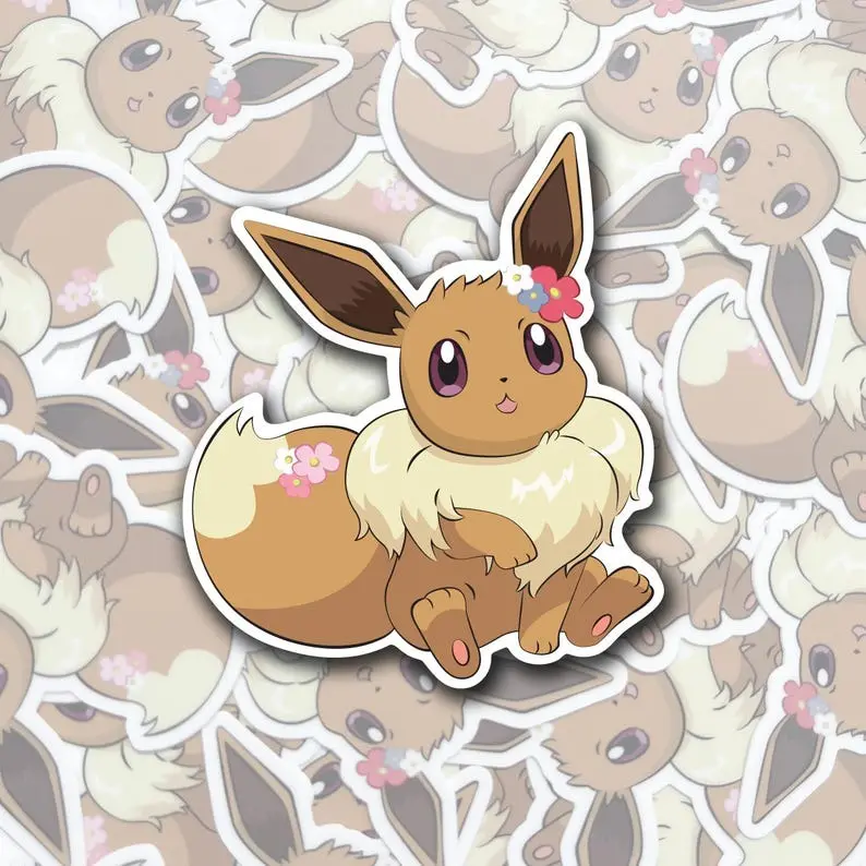 Eevee Sticker with Flowers - Anime Waterproof Vinyl Sticker | Laptop sticker | Vinyl waterproof sticker | Gift for Game lovers