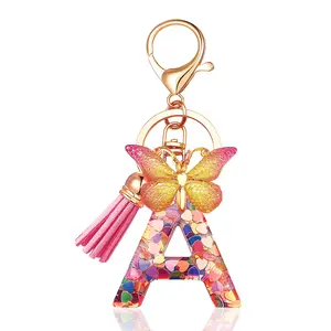 Initial letter Keychains for Women Tassel Butterfly Pink Purple Cute Car Keychain for Wallet Backpack bag charm
