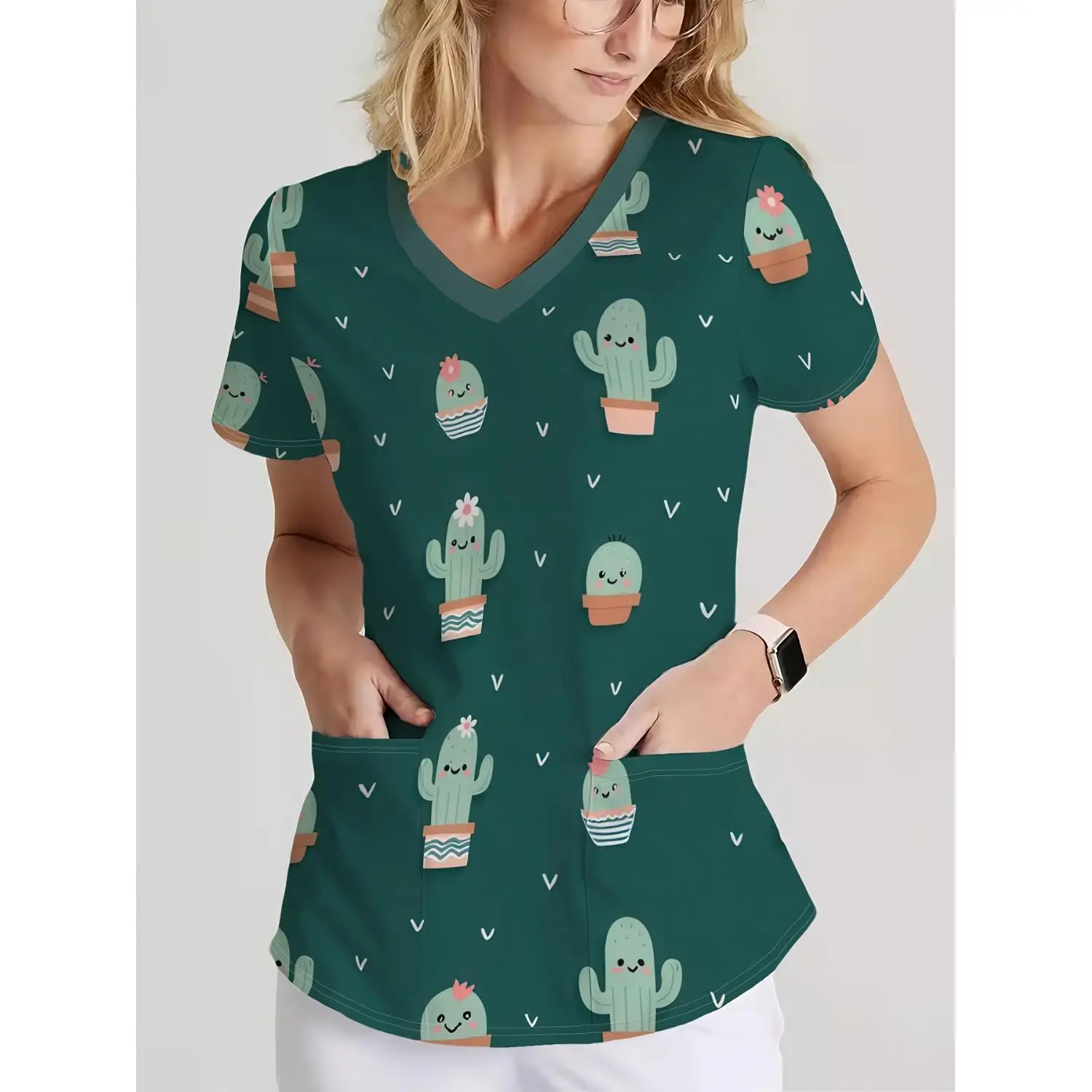 Women's V-Neck T-Shirt - Cute Cactus Print on Green; Breathable, Quick-Dry, Durable & Fade-Resistant; Machine Washable. Ideal Gift!