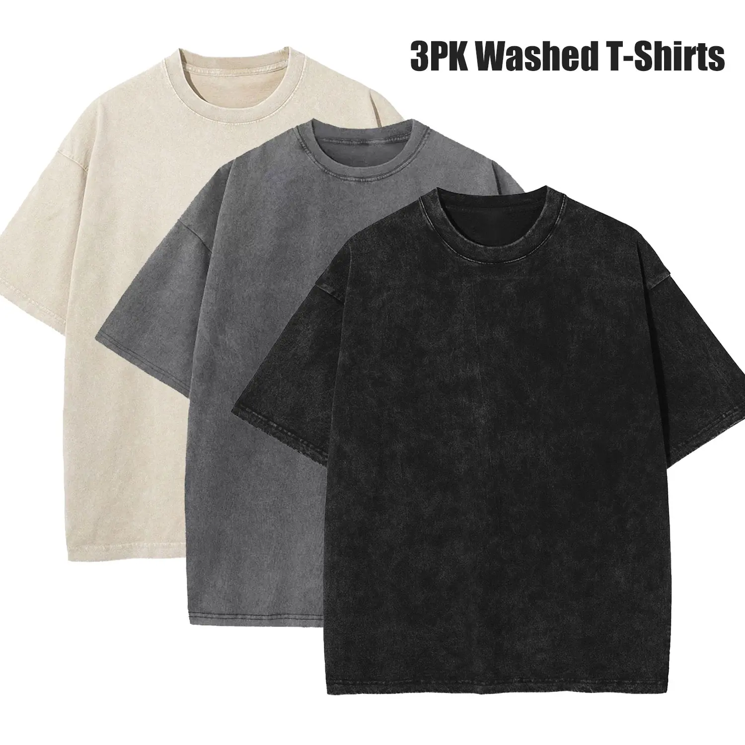3-Pack Mens Vintage Acid Wash T-Shirts, Heavyweight Cotton Short Sleeve Casual Tops, Soft Retro Streetwear Gym Daily Wear Baggy Tees