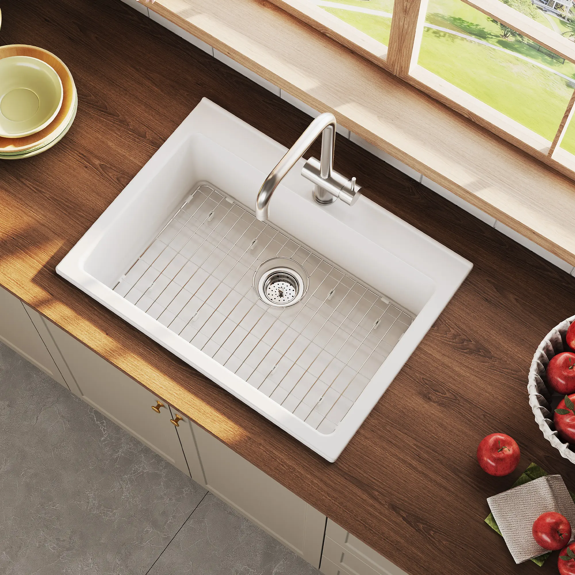 30 / 33 Inch Fireclay Farmhouse Kitchen Sink, Glossy White Ceramic Single Bowl Basin, Drop-In Topmount Utility Sink for Kitchen & Laundry Room