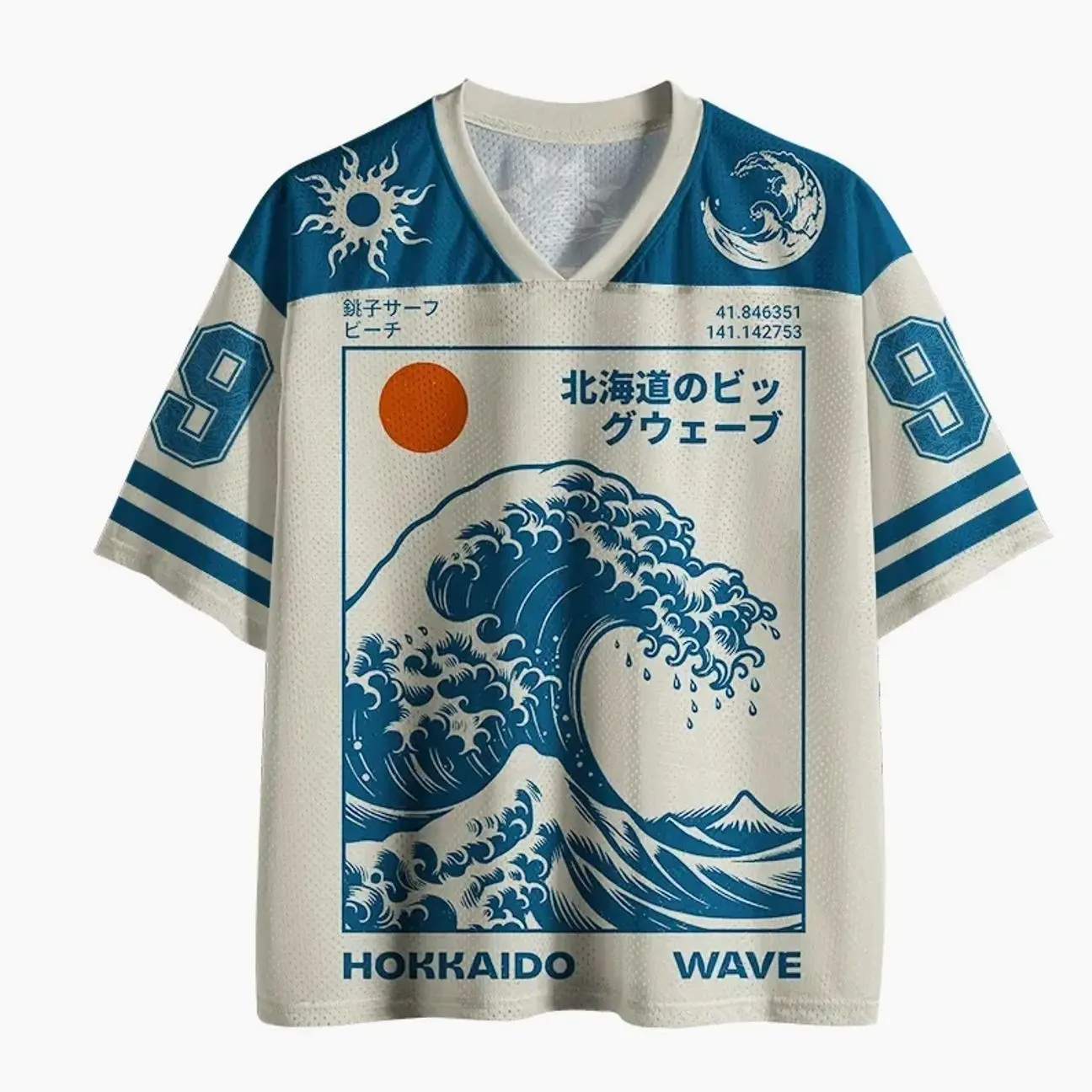 Hokkaido Wave Japan Mesh Jersey, Japanese Inspired Graphic Sports Shirt, Retro Japan Style Mesh Jersey, Breathable Casual Streetwear Top, Vintage Wave Design Apparel, Stylish Oversized Jersey for Everyday Wear and Travel Z67