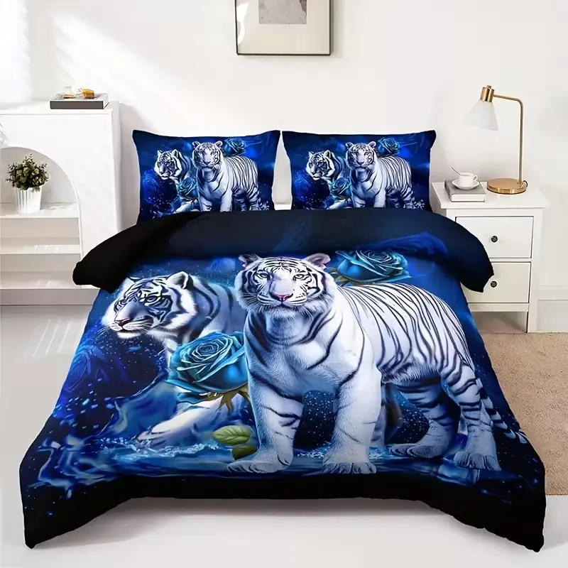 Tiger Pattern Bedding Set, 3 Counts/set Including 1 Count Duvet Cover & 2 Counts Pillowcases, Soft Comfortable Decorative Bedding Set for Home Bedroom