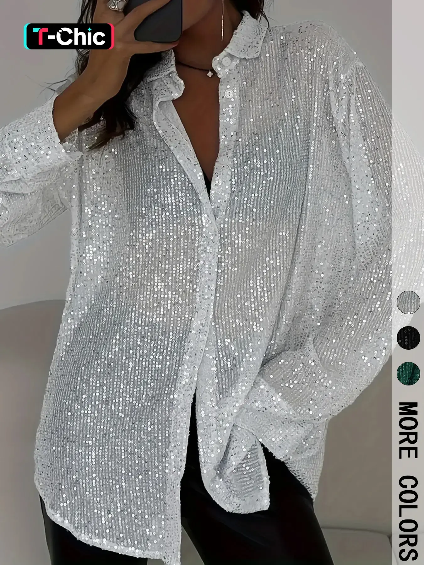 Women's Sequined Sheer Long Sleeve Button Shirt, Elegant Blouse Top for Evening Parties & Daily Wear, Stylish Women's Clothing, Womenswear, Fit