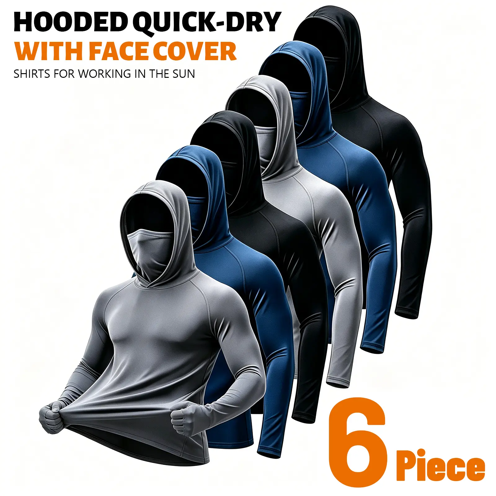 6/3/1 Pack Men’s Thin Sun Protection Long Sleeve Hooded Sport Shirts With Built-in Face Mask UV Block Tops For Fishing Construction Outdoor Yard Work