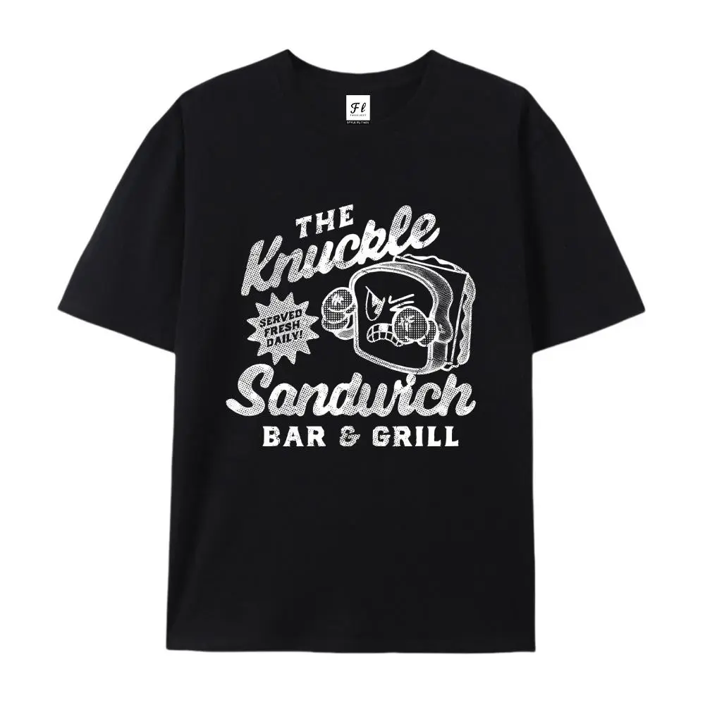 "The Knuckle Sandwich Bar & Grill" Funny Retro Cartoon Oversized Cotton T-Shirt, Humor Food Graphic Tee, Comfort Casual Outfit, Perfect Gift For Sarcastic Food Lovers & Retro Fans, Ideal Everyday Outfit