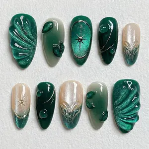 Handmade Press on Nails - Translucent Jade Green Jelly with 3D Leaves - 10Pcs Almond Shape Fresh Ice Glazed Nature Nails(m)