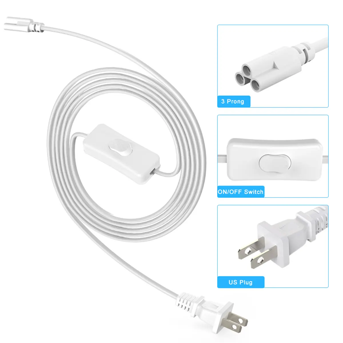 4pcs 6FT US Plug Power Cord with On/off Switch for T5 T8 2ft 4ft 8ft LED Tube Shop Lights Cable Wires Extension Connectors White Pvc Lighting Accessories Fluorescent