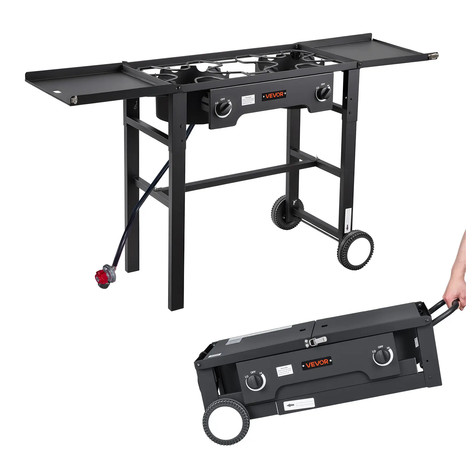 【SummerFinds】VEVOR 2 Burner Outdoor Propane Gas Stove, 150,000 BTU Propane LPG Gas Camping Stove, Foldable Heavy-duty Carbon Steel Outdoor Cooker, with Wheels & Shield & 20 PSI Regulator, for BBQ Camp Home Patio, Camping Accessory, Portable Stove