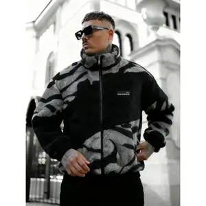 [American streetwear] Black/gray camouflage printed wool loose jacket, suitable for both men and women in autumn and winter fashionable warm jacket, stand up collar design/soft Sherpa/casual couple outfitRAIMENTRY