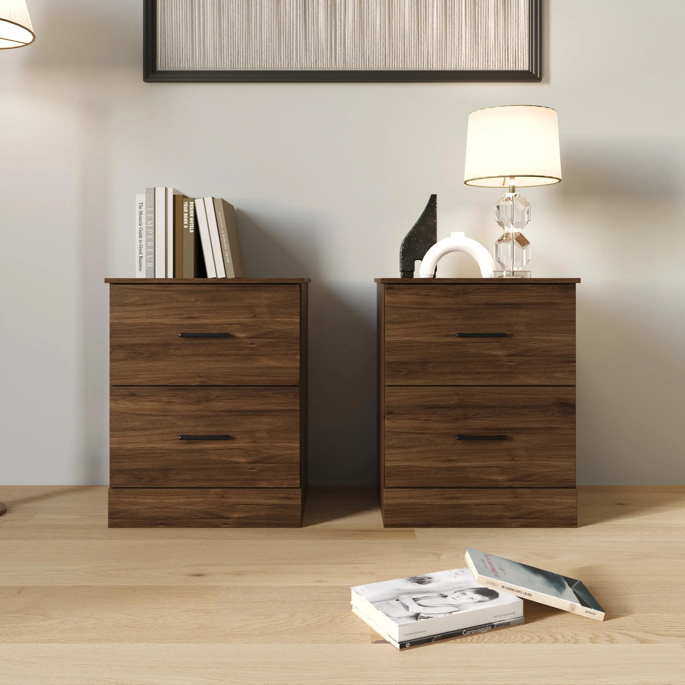 Favorer Meriden Compact Nightstands (Set of 2) - Wood-Look Finish, 2 Dual Drawers, 15.8" Slim Footprint, Space-Saving Rectangle Indoor Furniture Side Tables, Requires Assembly